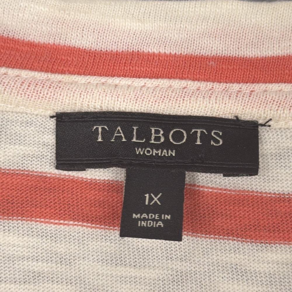 Talbots Top Women 1X Coral Stripe Beaded Neck 3/4 Sleeve Cotton Knit IN3048 - Picture 3 of 7